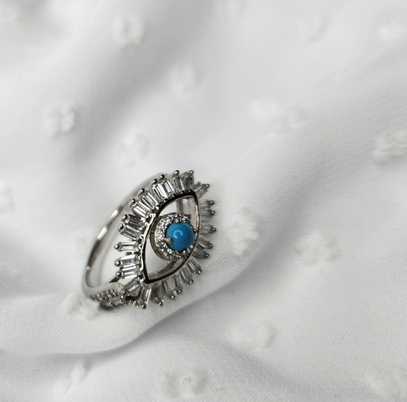 Womens Evil Eye Sterling Silver Eye Ring with Blue Turquoise - Picture 1 of 8